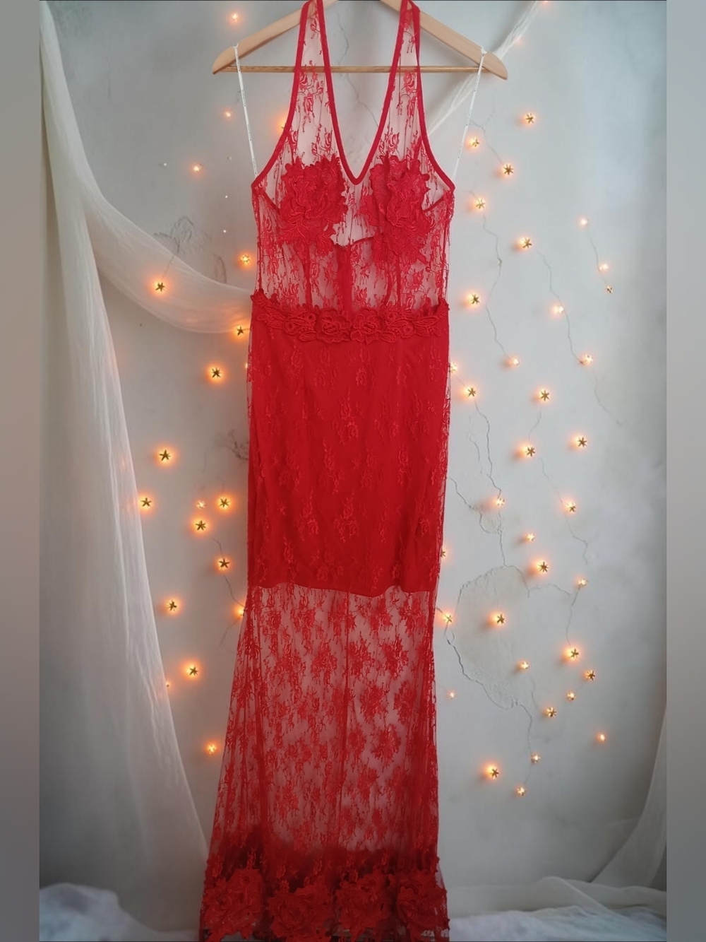Symphony Red Sheer Floral Lace Halter Maxi Dress Gown